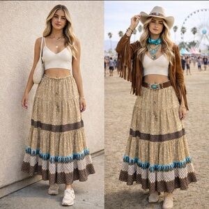 Vintage White Stag Maxi Skirt Large Floral Tiered western Boho Peasant Cottage